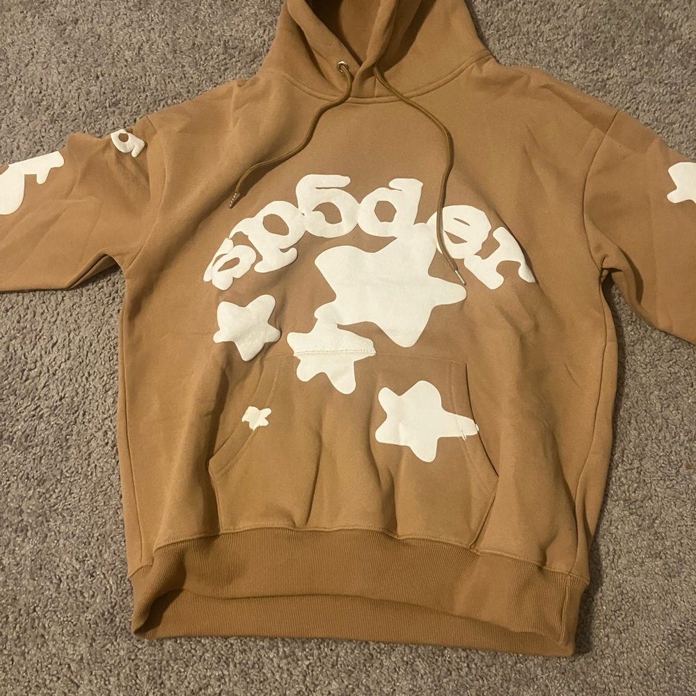 Tan Hoodie with White Star Graphic - Men's Pullover Sweatshirt